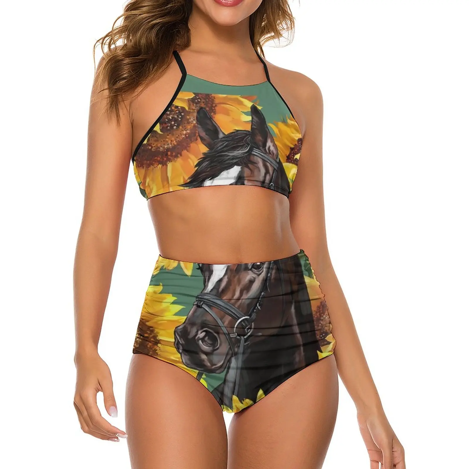

Horse Floral Bikini Swimsuit Sunflower Print High Waisted Swimwear Women Sexy Novelty Beach Bikini Set Push Up Custom DIY Femini