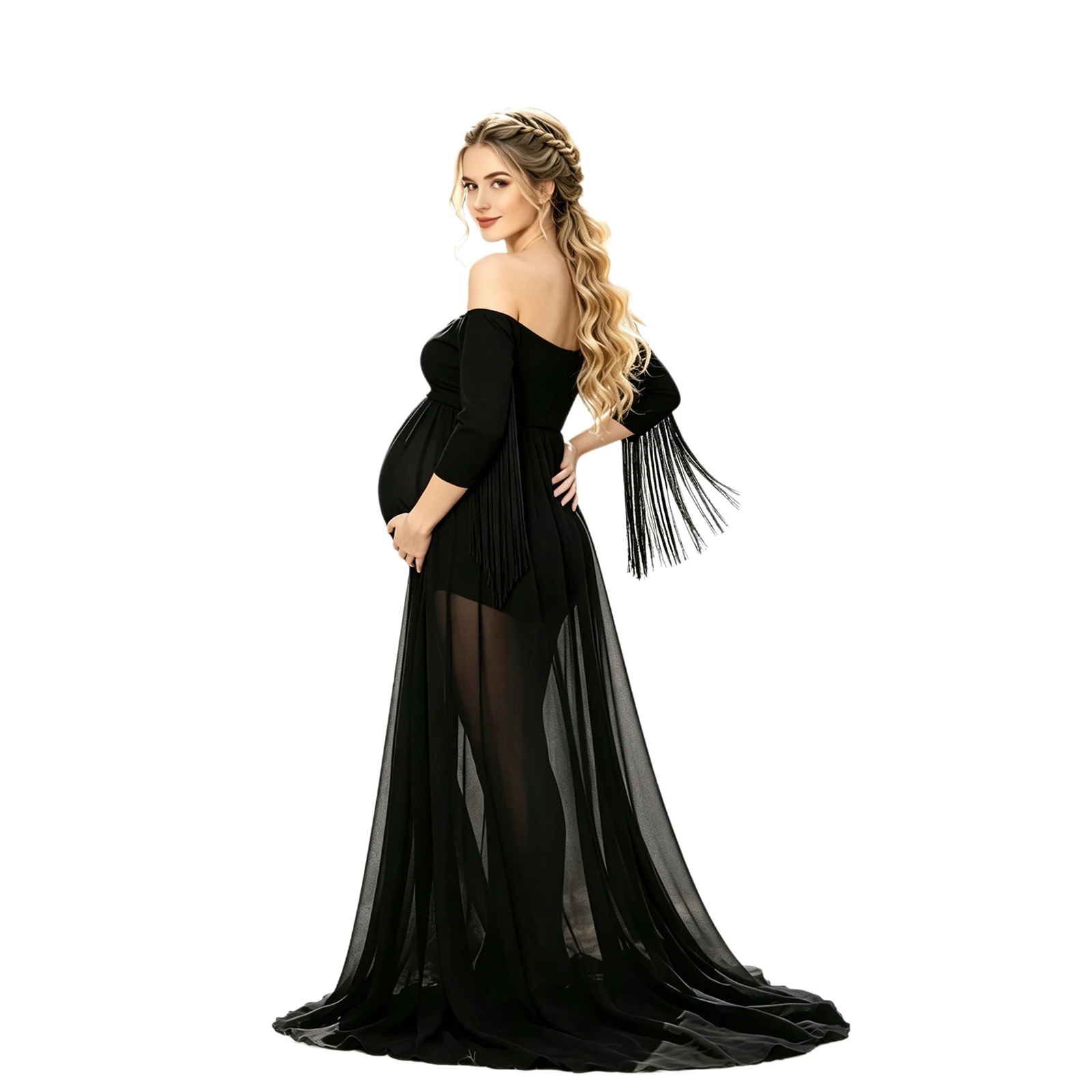 Pregnant Women Photography Costume Off-shoulder Tassel Half Sleeve Sheer Split Chiffon Hem Maxi Photo Shoot Dress with Briefs