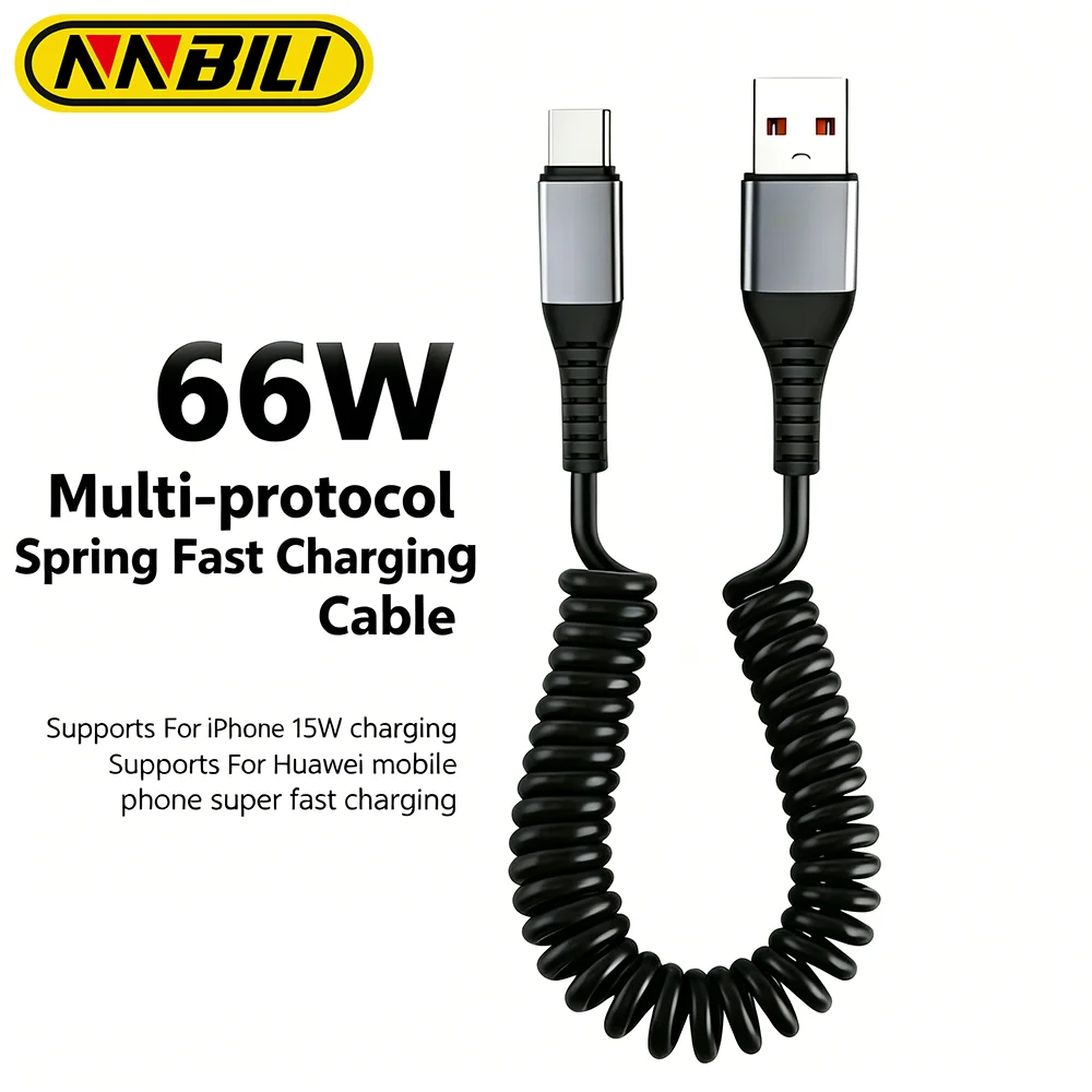 NNBILI Car Spring USB A to Type C Cable For iPhone 17 16 Xiaomi Samsung 66W PD Fast Charging For Macbook iPad USB Type C Cable