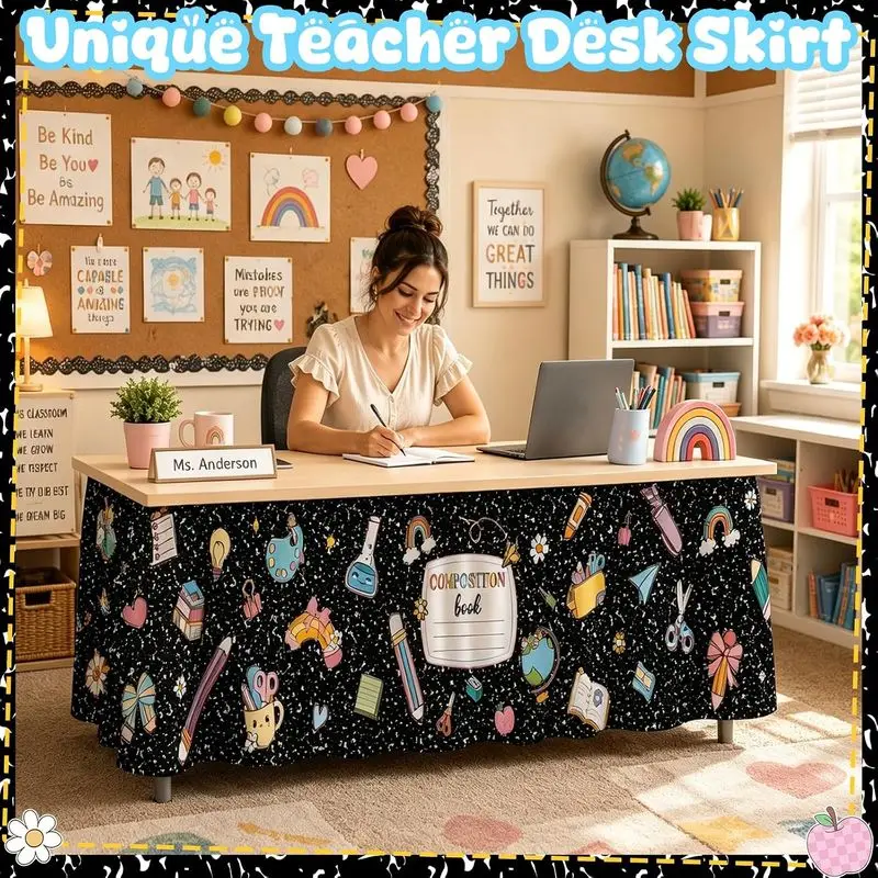 VIKAMA Teacher Desk Table Skirt Kawaii School Supplies Composition Book Print Classroom Front Desk Decorations - view 4