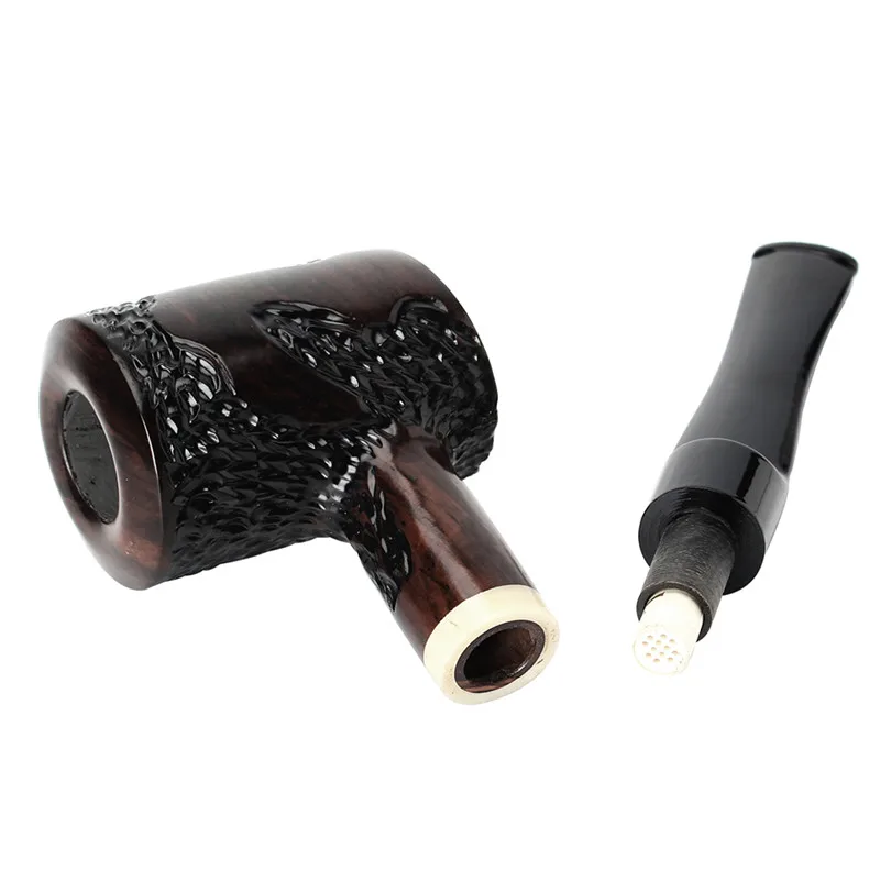 RU MuXiang Carved Ebony Pipe with 10 Piece Clean Set, 9mm Filter Straight Tobacco Pipe, Handmade Black Hammer Pipe Gift for Men