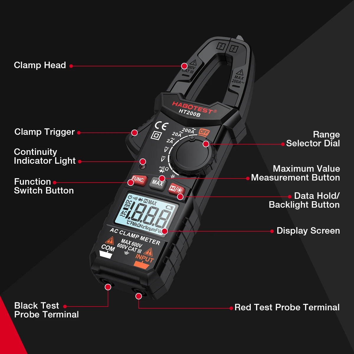 HABOTEST HT200 Digital Clamp Meter AC Current Multimeter Ammeter Voltage Tester 2000 Counts Car Amp Hz Capacitance NCV Ohm Tool