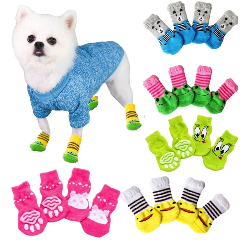 4Pcs Cute Pet Dog Socks with Print Anti-Slip Cats Puppy Shoes Paw Protector Products for Small Breeds Spitz York Dogs Chihuahua