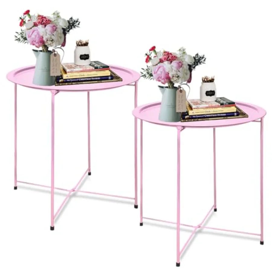 

End Table 2 PCS Metal Side Table Pink Round Folding Tray Cyan Sofa Small Accent Fold-able Table Round End Table Tray Next to So