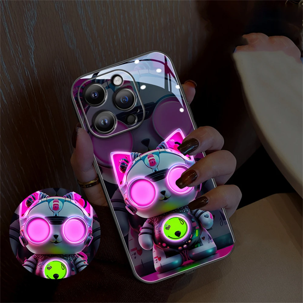 Cool Mech Cat Cartoon Design Smart LED Light Glow Tempered Glass Phone Case For iPhone Air 17 16 15 14 13 12 11 Pro Max Plus