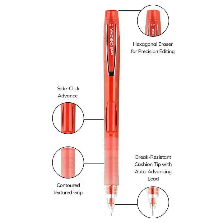 CHROMA Mechanical Pencil HB #2, Medium Point (0.7mm), Red, 12 Count