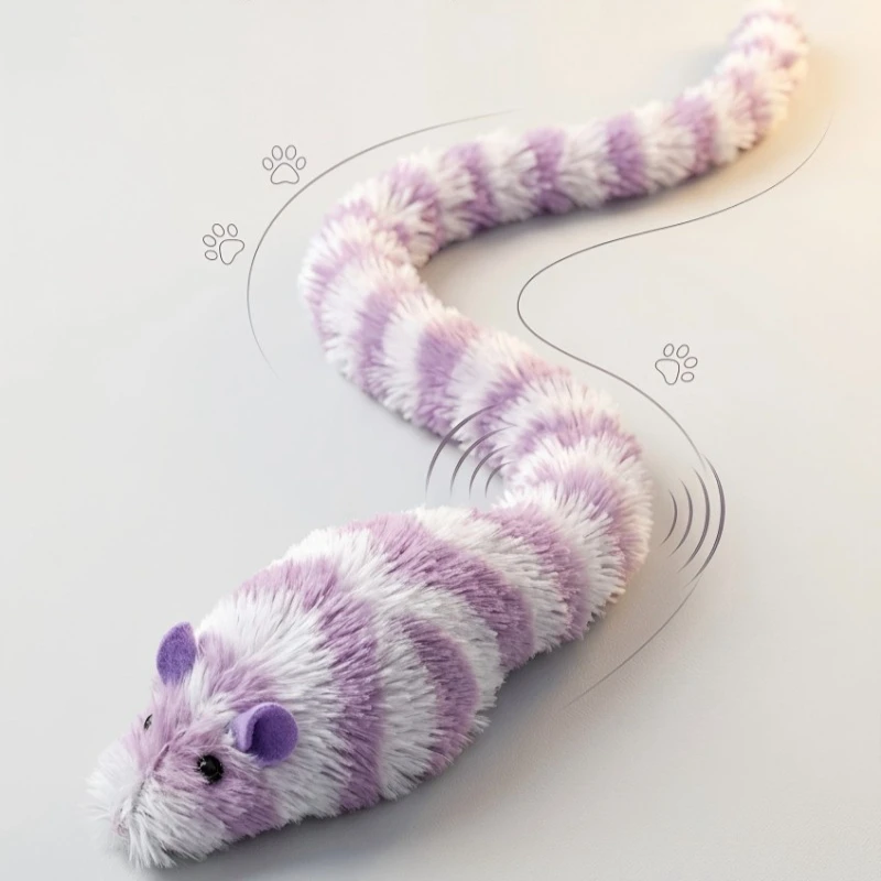 KittyNook Cat Co.’s Interactive Mouse Chase Toy for Cats: striped, plush snake with ears and paw prints for fun play.