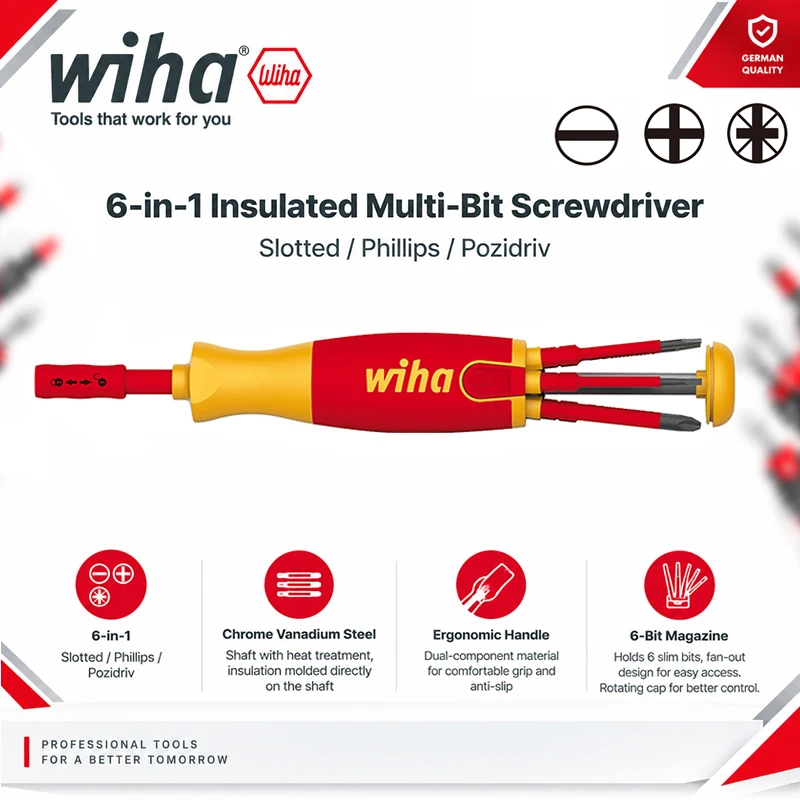 Wiha 38611 6-in-1 Magazine Type Multifunctional VDE Insulated Electrician Screwdriver with 6 slimBits, Electrician Hand Tools