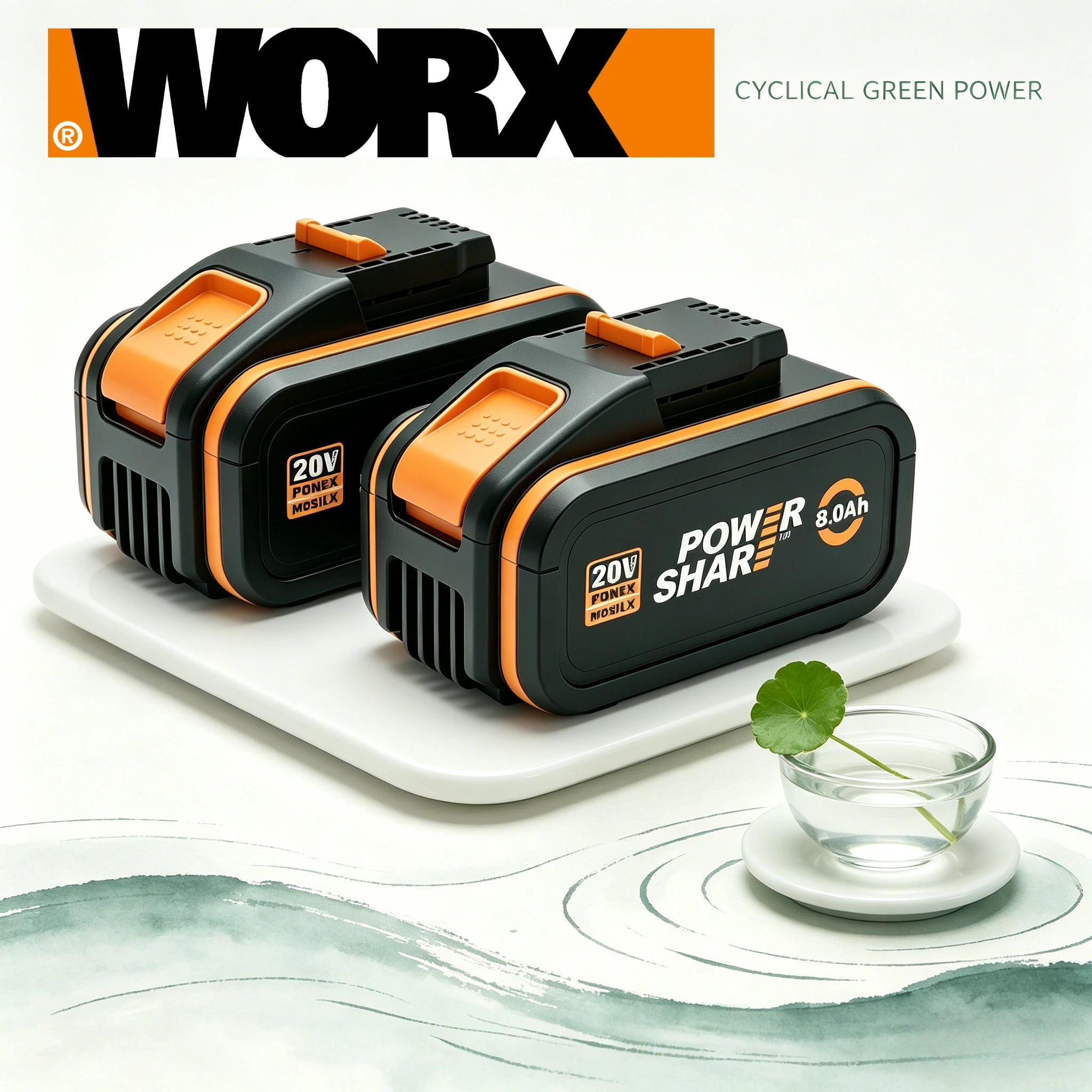 

WORX WA3639 20V 8.0Ah PowerShare battery with LED charging indicator, compatible with all WORX 20V tools, high-power battery.