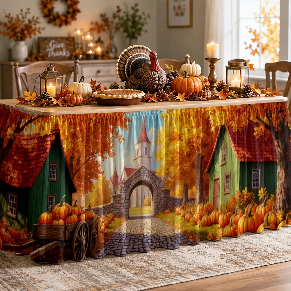 Autumn Village Scene Tablecloth - Polyester Country Style - Attractive and Comfortable Harvest Theme