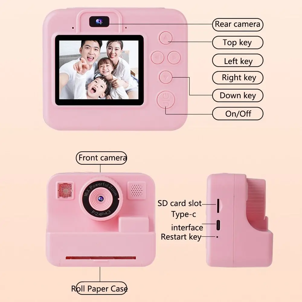 Cute 1080p HD Screen Kids Digital Camera Lanyard Color Pen Instant Print Camera Roll Paper Dual-Lens Toddler Video Recorder Girl