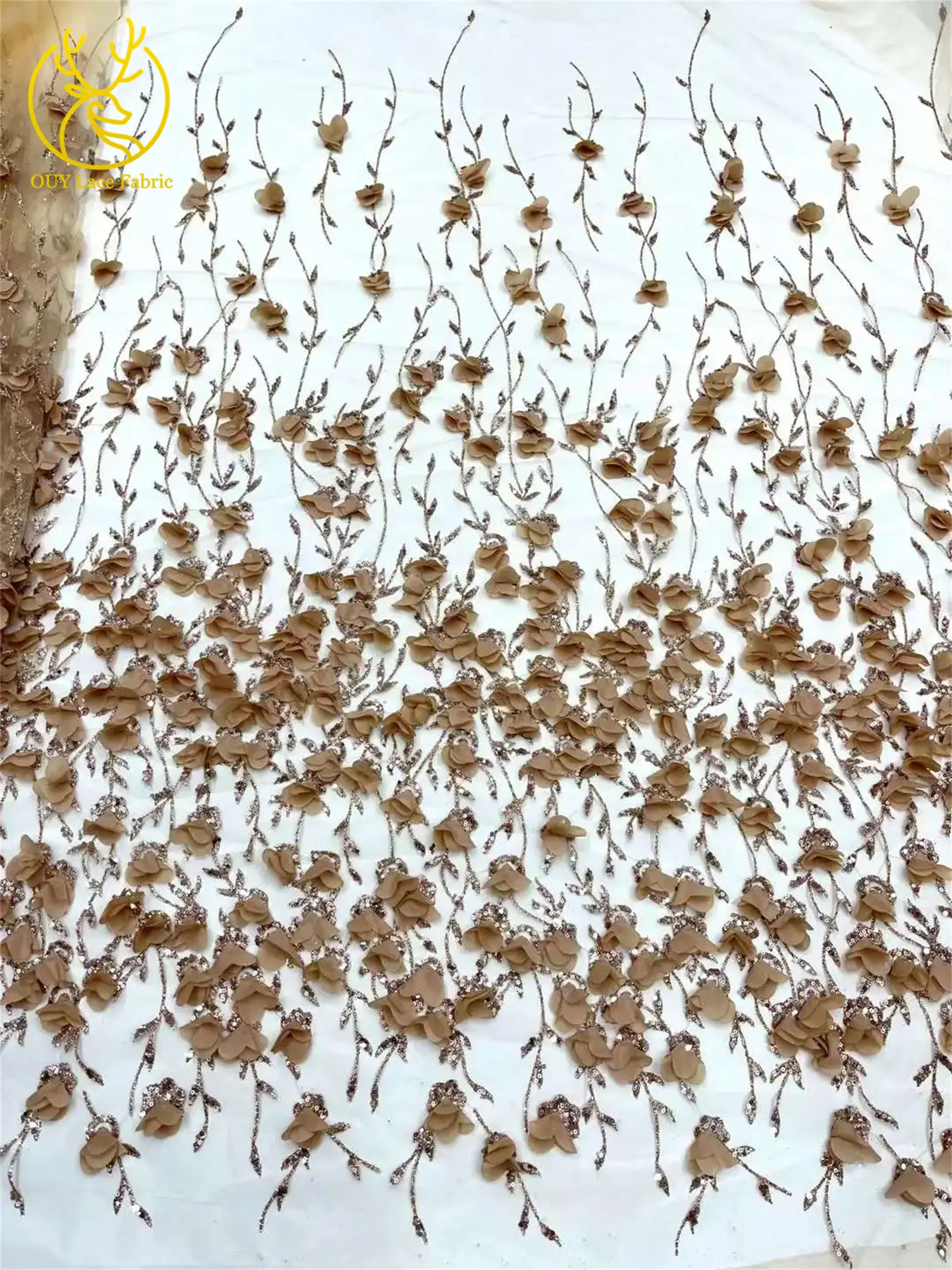 Tela de Encaje Floral Africana 3D de 5 Yardas, Tela de Encaje con Lentejuelas de Alta Calidad Estilo Francés Nigeriano para Vestido de Novia y Vestido de Noche