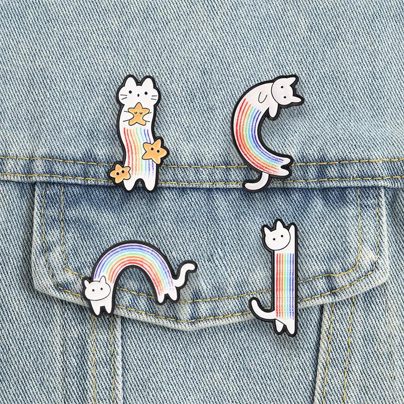 Cute Rainbow Cat Badges Rainbow Striped Stars Stretch Kitten Enamel Pin Cartoon Animal Brooches Accessories Decor Gift