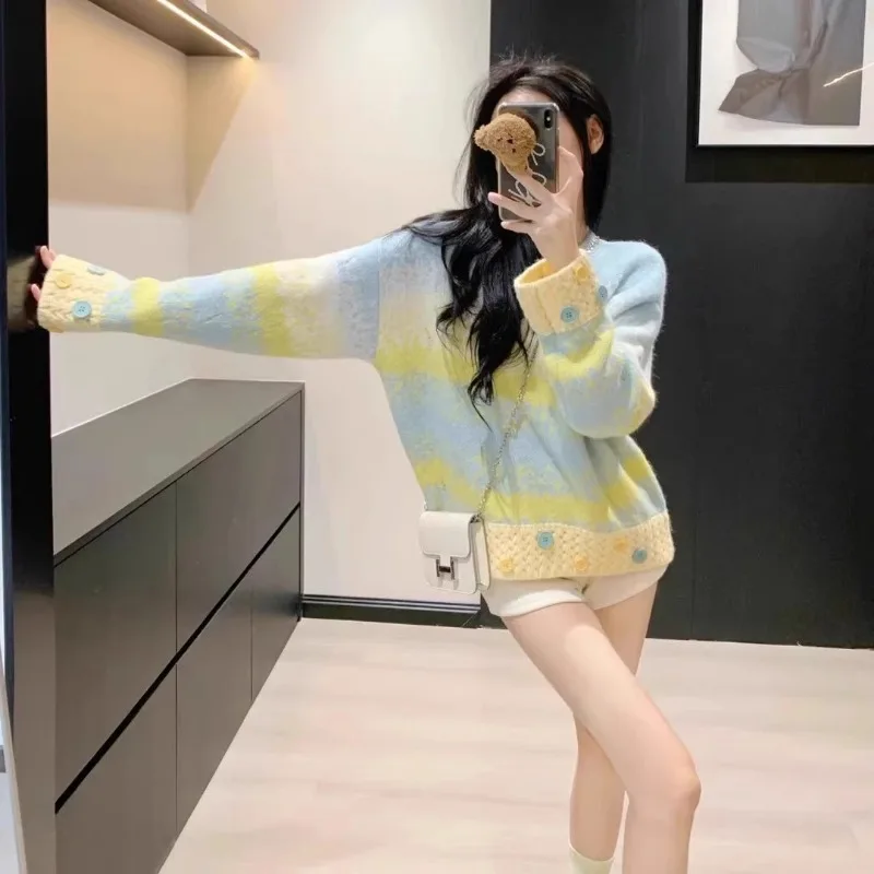 

Женская одежда, весенне-осенний модный корейский полосатый контрастный цвет, женский вязаный тонкий свитер для ленивого ветра, пуловеры для