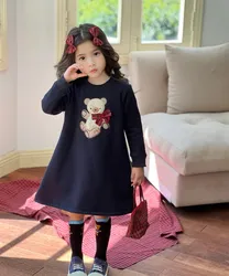 fall winter baby girls clothes kids dress Cartoon teddy bear pattern girls' long sleeved dress Velvet warm dress