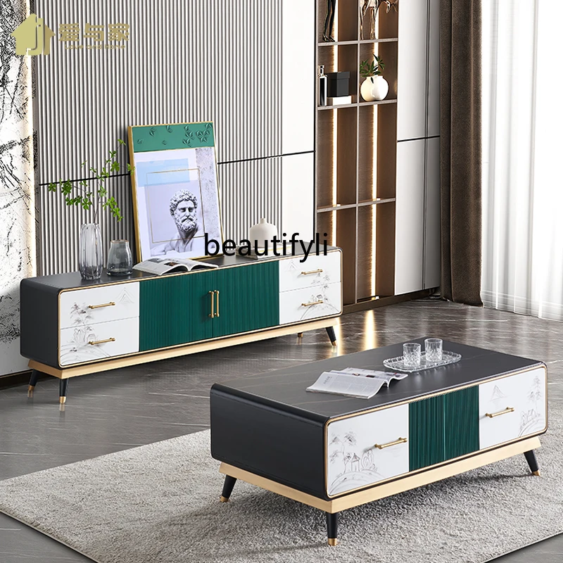 Light Luxury Stone Plate New Chinese Style TV Cabinet and Tea Table Combination Simple Modern Living Room Painted Furniture