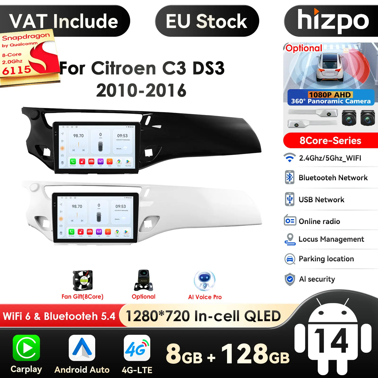 Hizpo 2din autoradio lecteur vidéo multimédia pour citroën C3 DS3 2010-2016 Navigation GPS stéréo Carplay Android Auto 5G WIFI RDS AI systèmes intelligents Autoradio Snapdragon par Qualcomm 8 cœurs