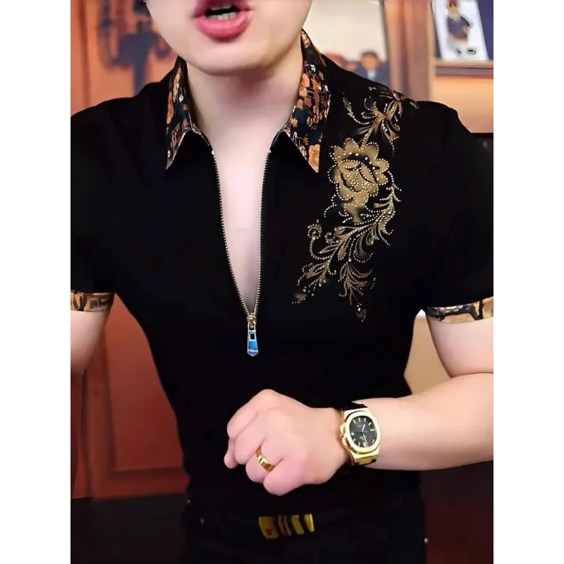 Men's Short Sleeve Shirt Zipper Placket Gold Floral Embellished Contrast Collar Cuff Casual Top
