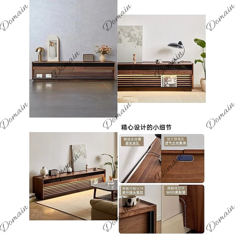 Nordic Japanese Black Walnut Solid Wood TV Stand with LED Lights Floating Console for Small Living Room Bedroom
