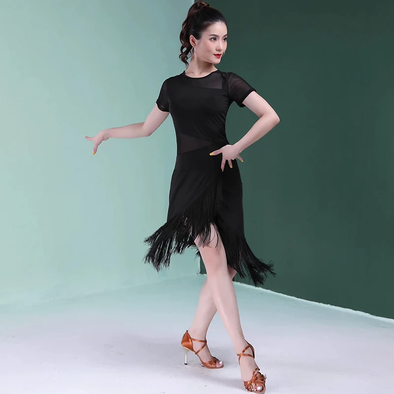 Sexy Latin Danskleding Vrouwen Zwarte Vrouw Pailletten Rok Jurk Met Franjes Samba Jurken Voor Prom Wear Line Pak Praktijk Rumba Gebruik