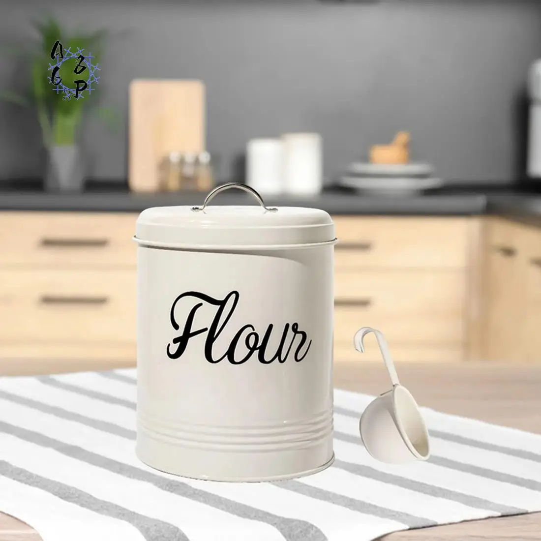 

A68P-White Metal Food Flour Storage Tin Jar 5L Container 5L With Airtight Lid, Durable
