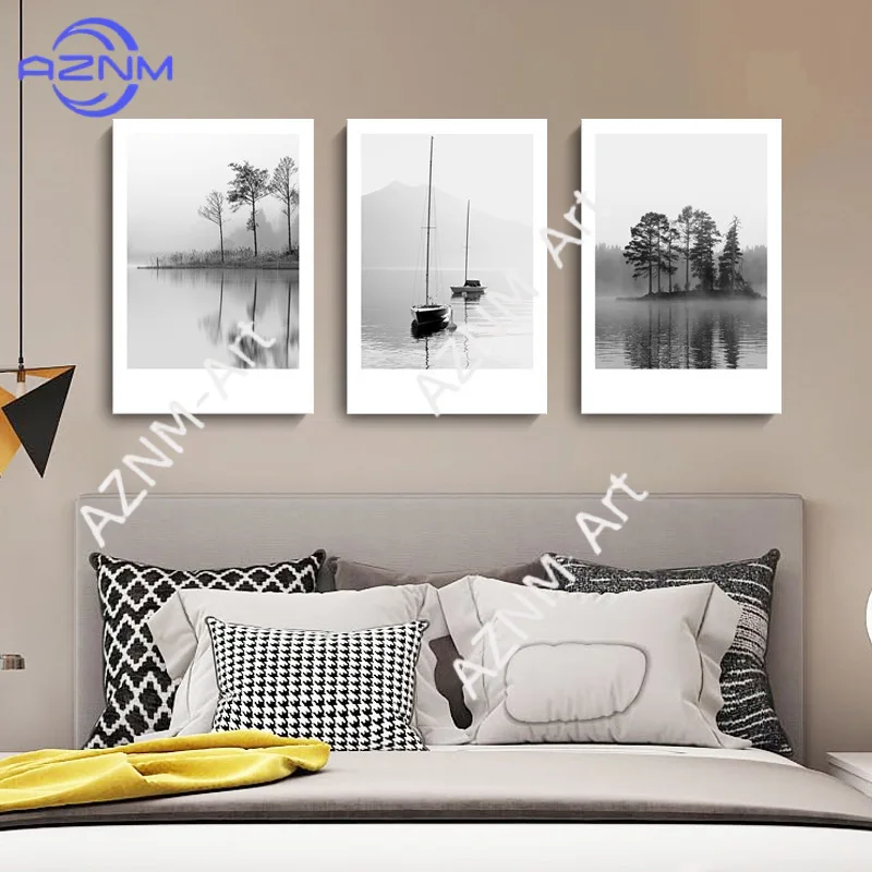 1/4 Stück, moderne, schlichte schwarz-weiße Leinwanddekoration mit See-, Boots- und Waldmotiv für Schlafzimmer und Wohnzimmer