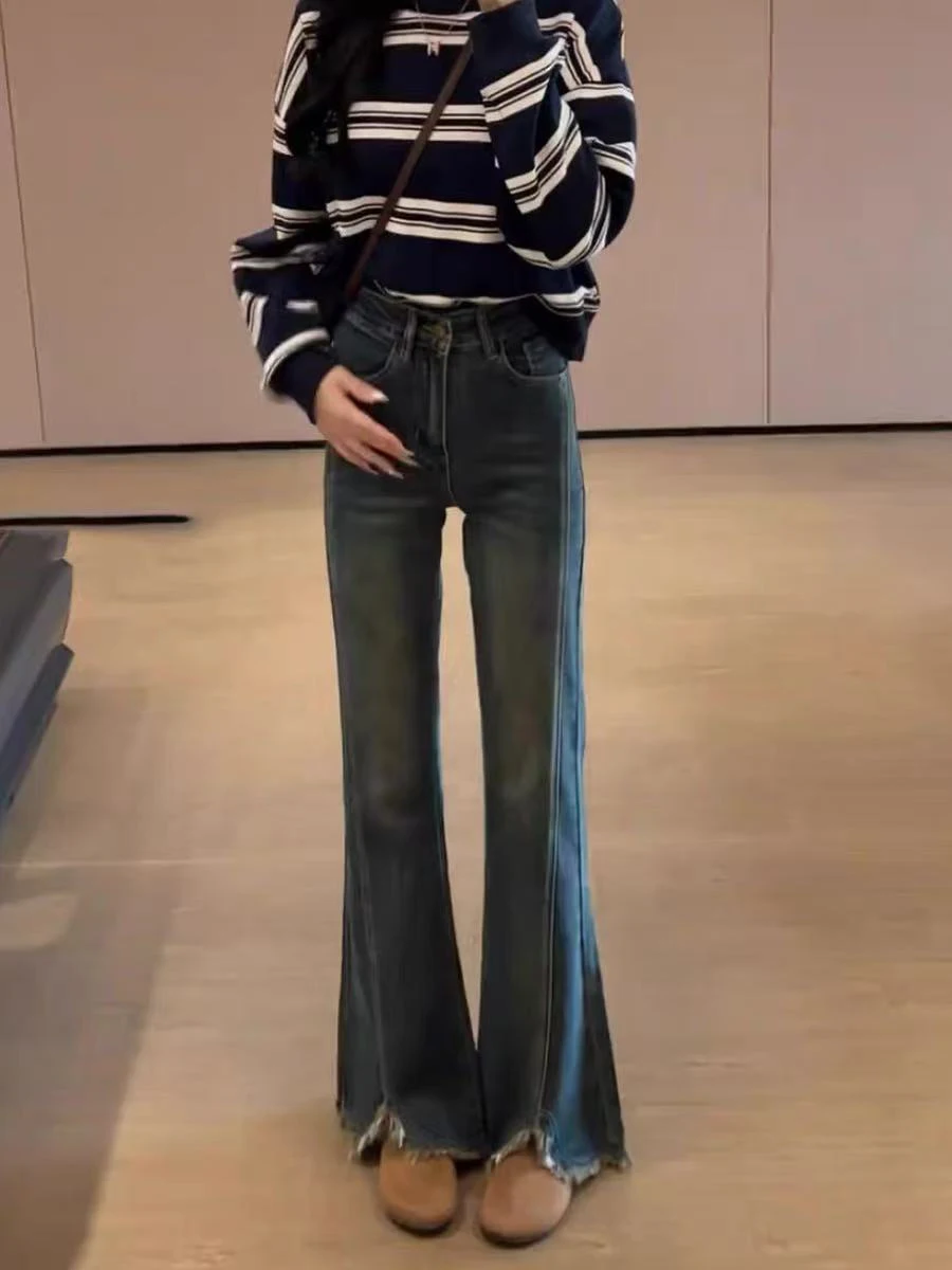 กางเกงยีนส์ทรงขากระบอกเล็กแบบผ่าข้างสไตล์เกาหลีสำหรับผู้หญิง ฤดูใบไม้ผลิ ฤดูใบไม้ร่วง เอวยางยืดสูง ทรงตรง สไตล์เรโทร ทรงเข้ารูป