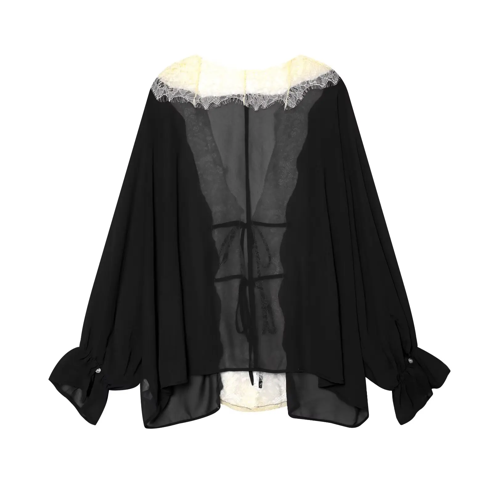 2026 Summer Women's Fashion Splicing Lace Patchwork Lantern Semi-transparent Shirts Lady Daily Elegant V-neck Tie-up Blouse Top