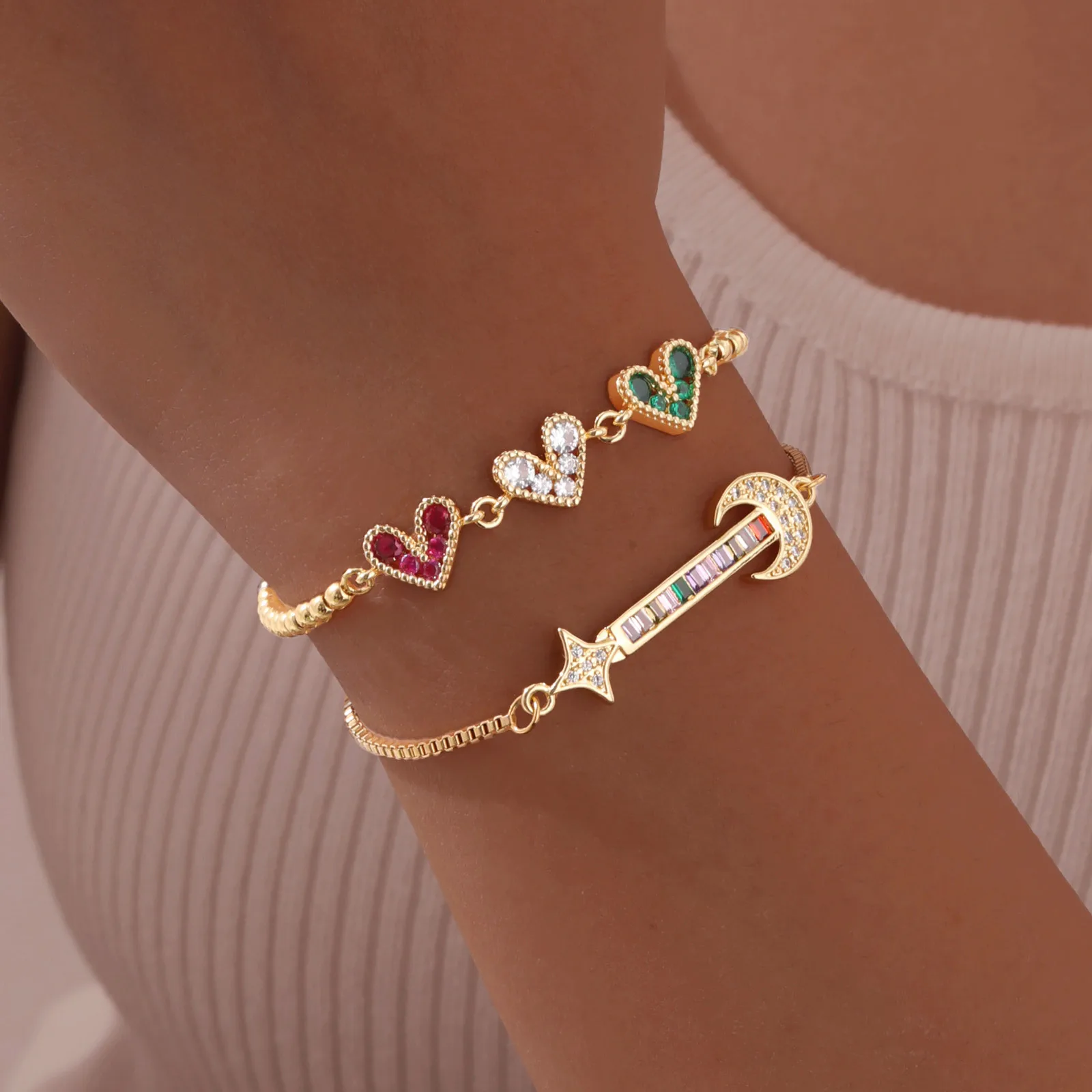 Farbiges Zirkon Stein Herz Damen Armband Mond Stern verstellbare Box Kette Armband Schmuck Geschenk für Freundin Valentinstag