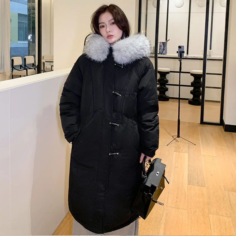 Winter Trend Horn Button Long Parkas Coat Women Oversize Fur Collar Hooded Cotton Jacket Elegant Thicken Warm Cotton-Padded Coat