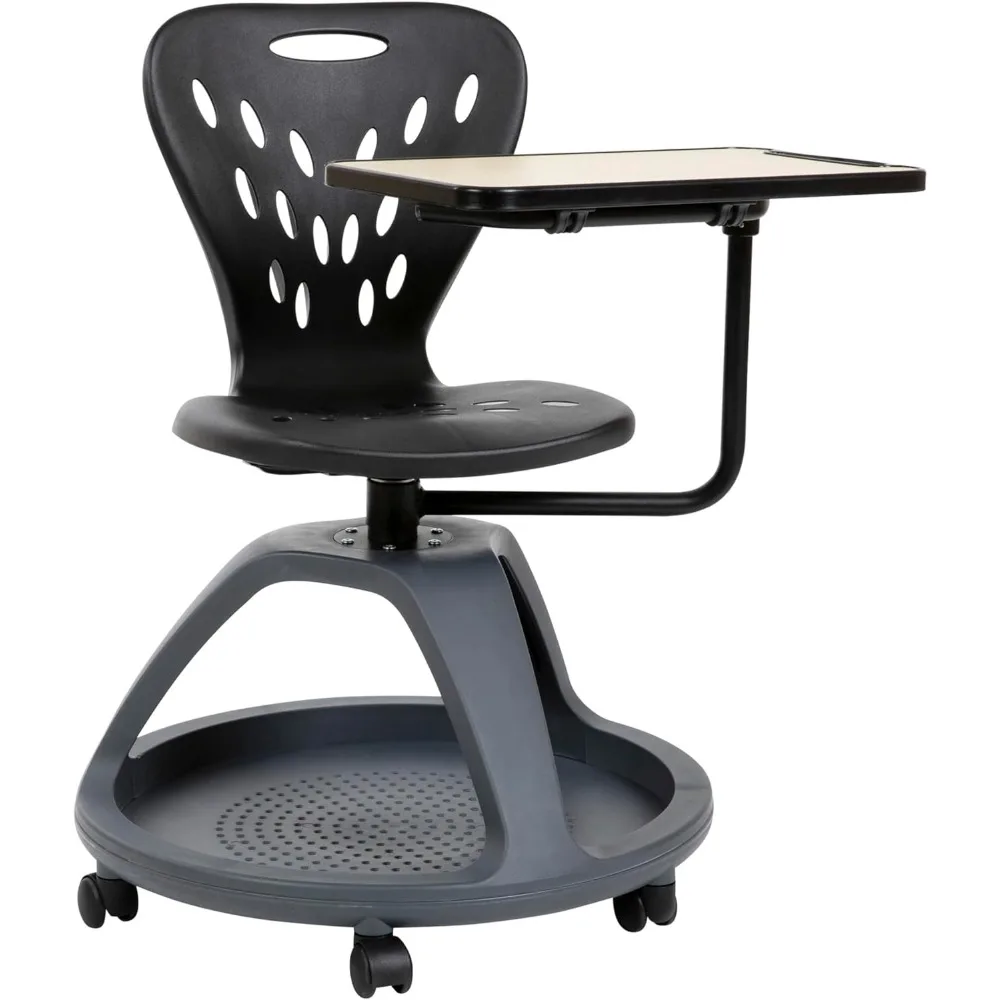 

School Chair with Table, Black Mobile Office Chair with 360° Tablet Rotation and Storage Cubby for Classroom, Mobile Study Chair