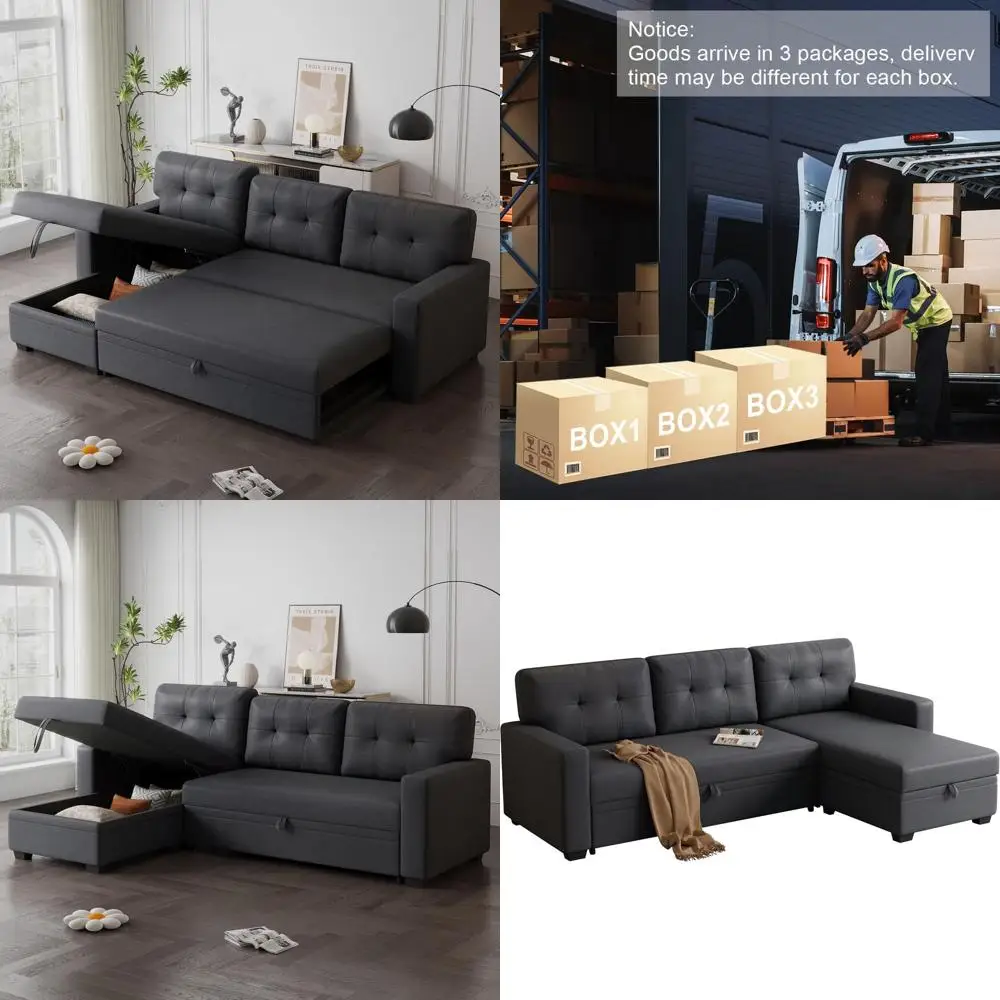 

L-Shaped 4-in-1 Convertible Sectional Sleeper Sofa with Pull-Out Couch, Storage Chaise, and Removable Cushions