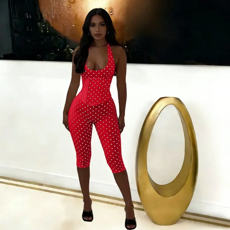 

GUWU Fashion Women's Rompers&Playsuits Halter Neck Polka Dot Fishbone Zipper Waist Cinching Seven Party Short Jumpsuit