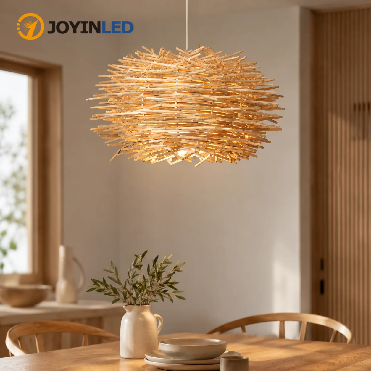 JOYINLED Japanese Style Rattan Pendant Light 30CM Handmade Bird Nest Chandelier Ceiling Lamp for Bedroom Restaurant Indoor Decor