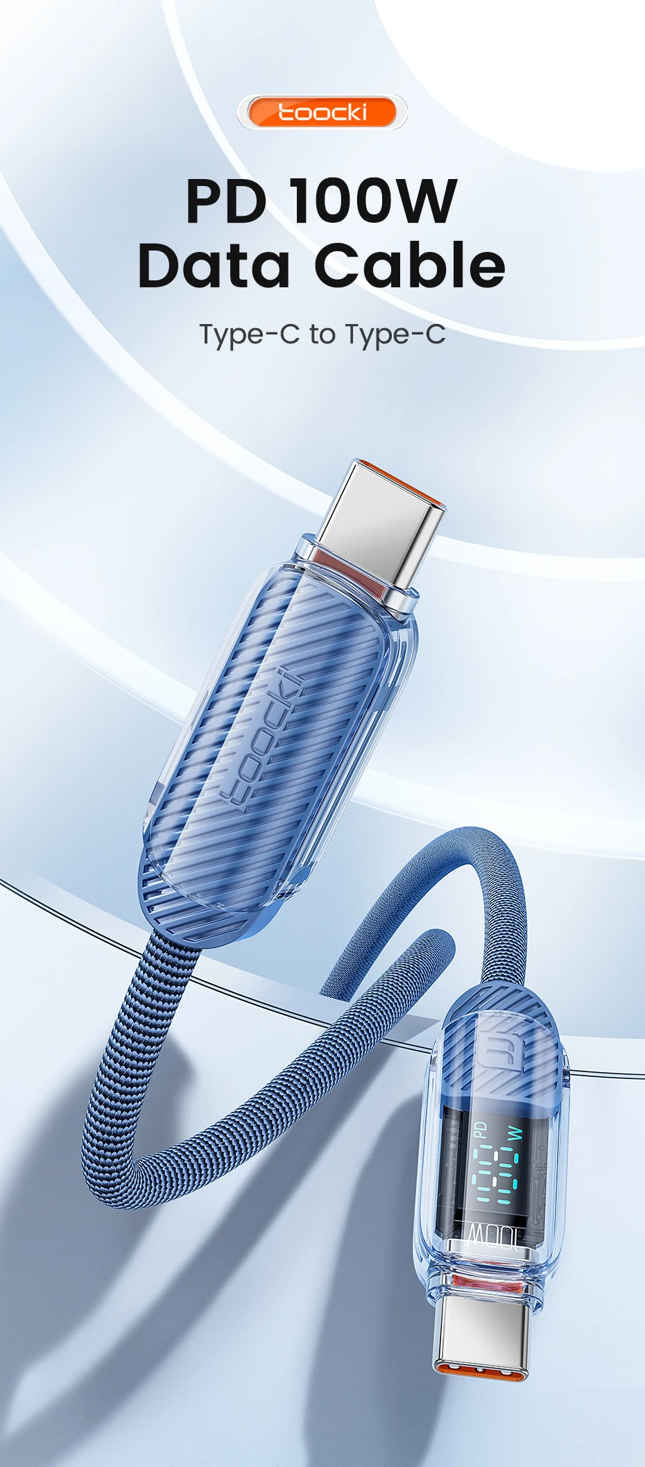 Toocki USB-C-auf-USB-C-Kabel, 100 W, PD-Schnellladekabel, USB-Typ-C-Datenkabel mit digitaler Anzeige für Macbook, iPhone, Samsung. – Detail 1