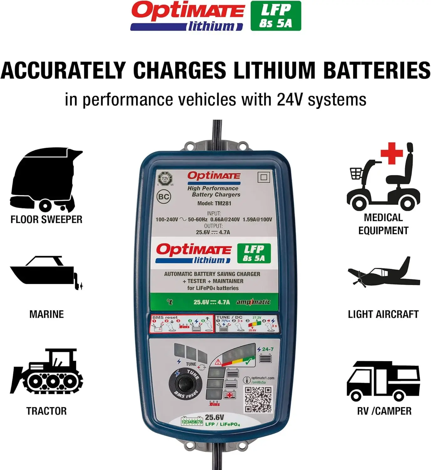 Optimate Lithium 8s 5A 10-Step 25.6V/26.4V 5A High Performance Battery Saving Charger & Maintainer