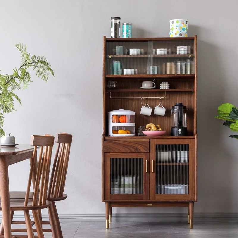 All solid wood wine cabinet, black walnut double-layer side cabinet, solid wood, integrated high cabinet against the wall