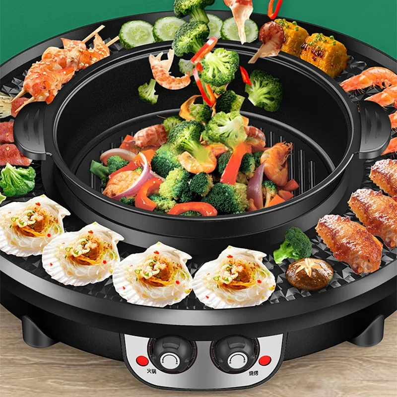 3 in 1 Electric Hot Pot BBQ Grill 2300W Multifunction Portable Home Non-Stick Split Pot Smokeless Skillet Barbecue Pan