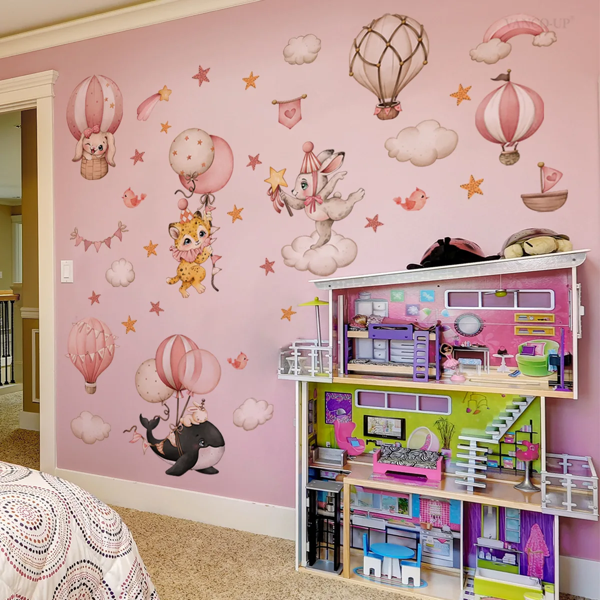 

Pink Hot Air Balloon Wall Decals - Removable Animal Stickers with Rabbit, Tiger & Fish for Whimsical Decor