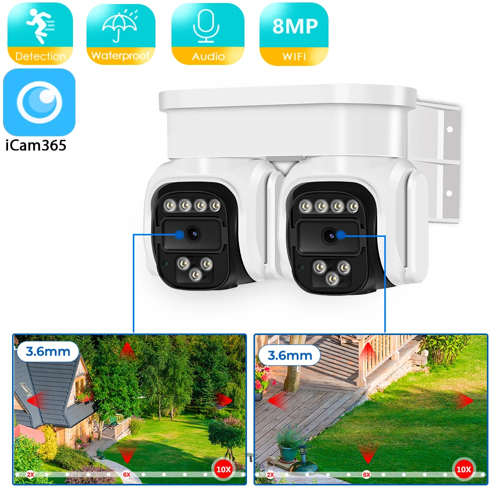 8MP WiFi Camera PTZ Dual Screen AI Auto Tracking Night Vision CCTV Surveillance Camera Outdoor 4MP Security IP Camera icam365