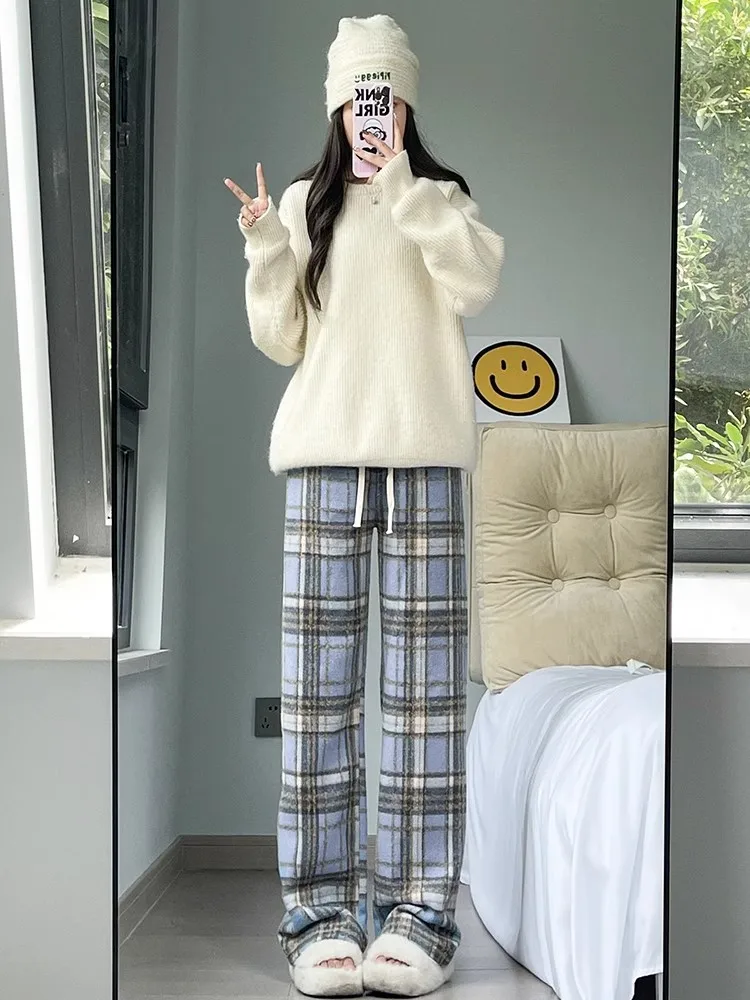 Blue Plaid Thiened Fce High Waist Straight Leg Wide Leg Pants Women's Casual Trousers Autumn Winter Slimming Effect