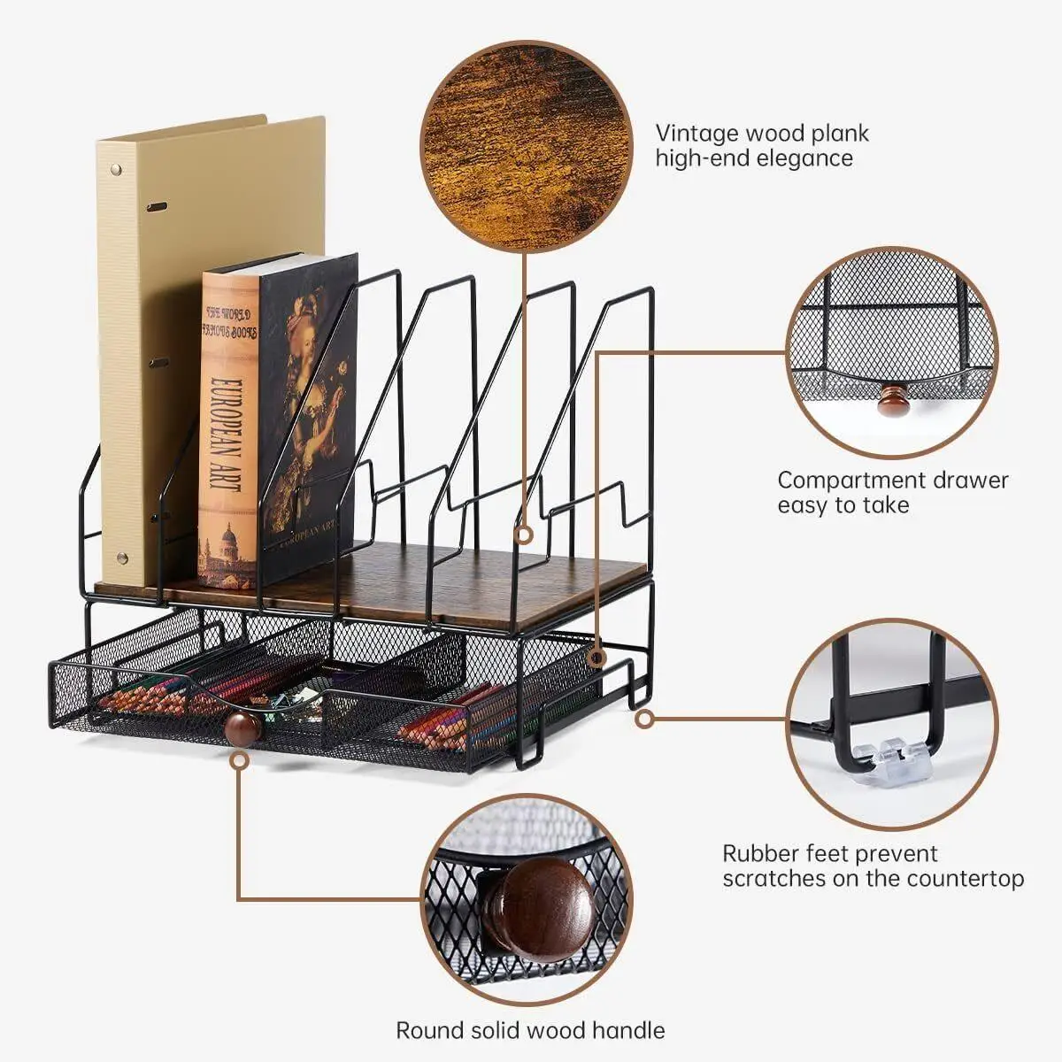 Wood for desk Organizer with Drawer & 5 Upright File Holders, Desktop File Organizer for office Supplies & Documents