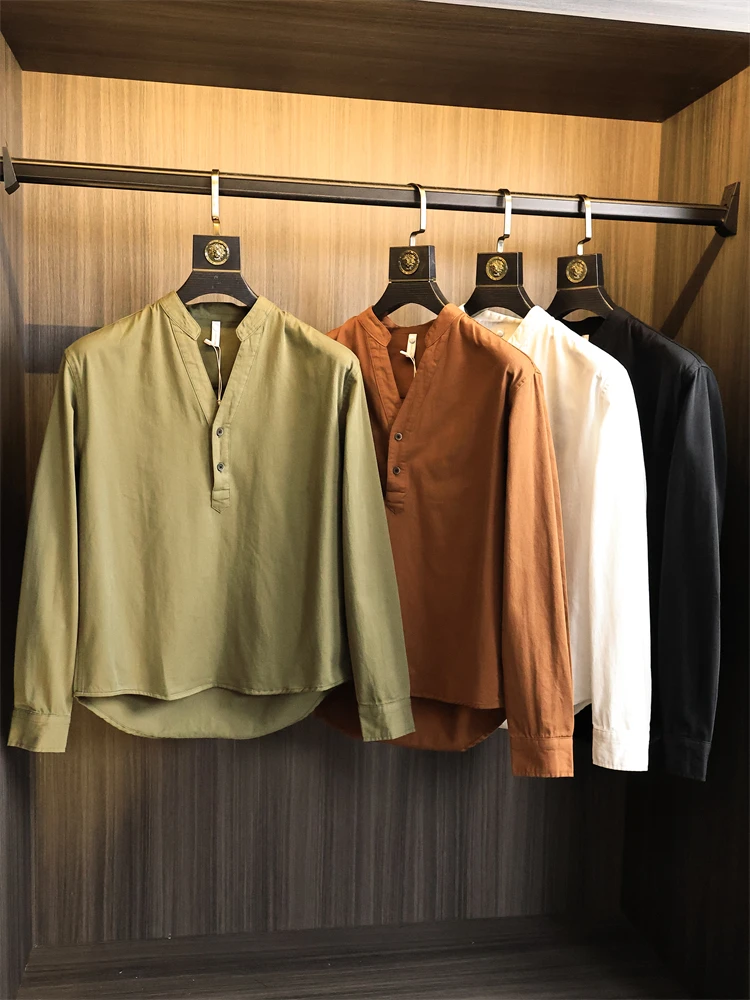 

New Chinese Sle Long Sve irt Men's Pure Color Versatile Retro Design Button Collar Slanted Fabric Stand Fit Daily Wear