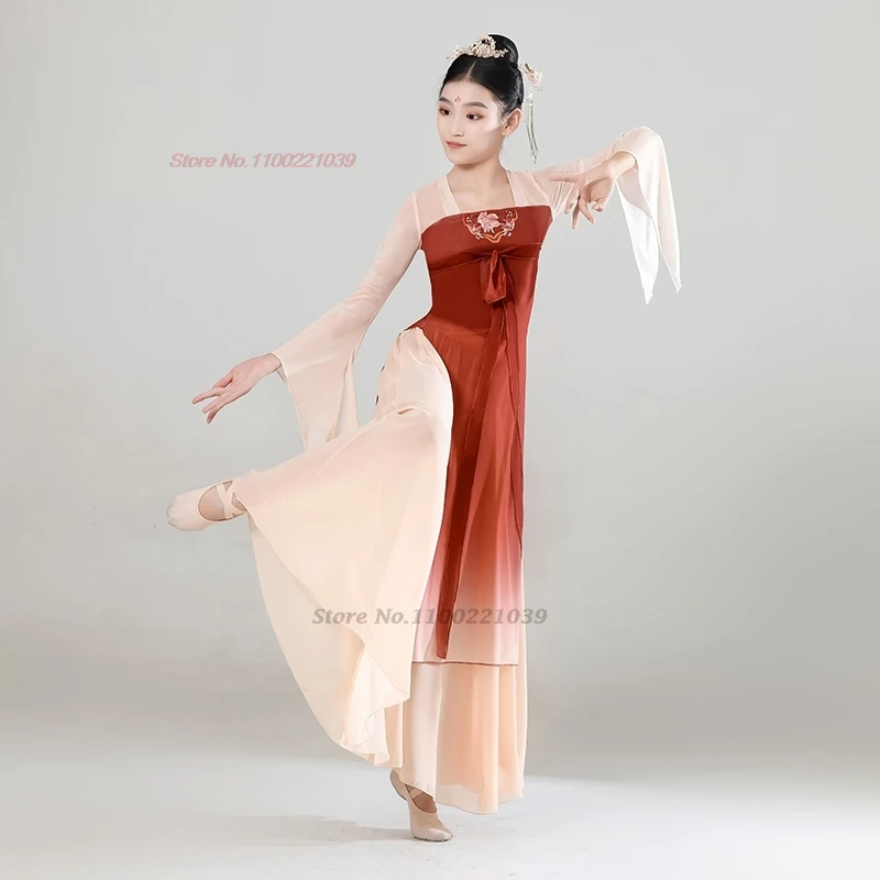 Traje de baile vintage para niños chinos 2025, tops hanfu de malla con estampado de flores tradicionales + conjunto de falda, vestido de baile puesta en escena