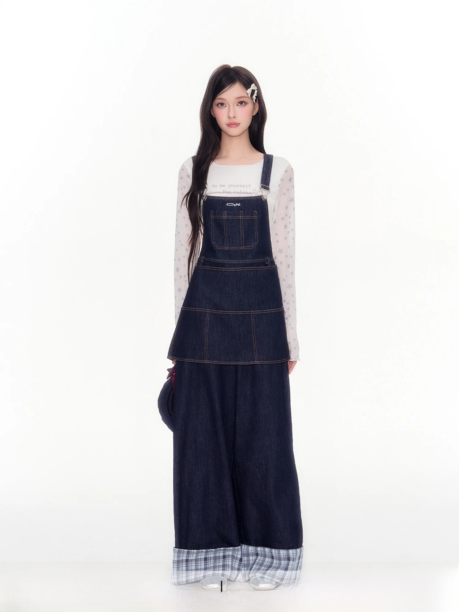 

Женские джинсы CyNi с широкими штанинами, регулируемые, свободные брюки с отстегивающимся фартуком, высокая талия, милые, универсальные, на все сезоны