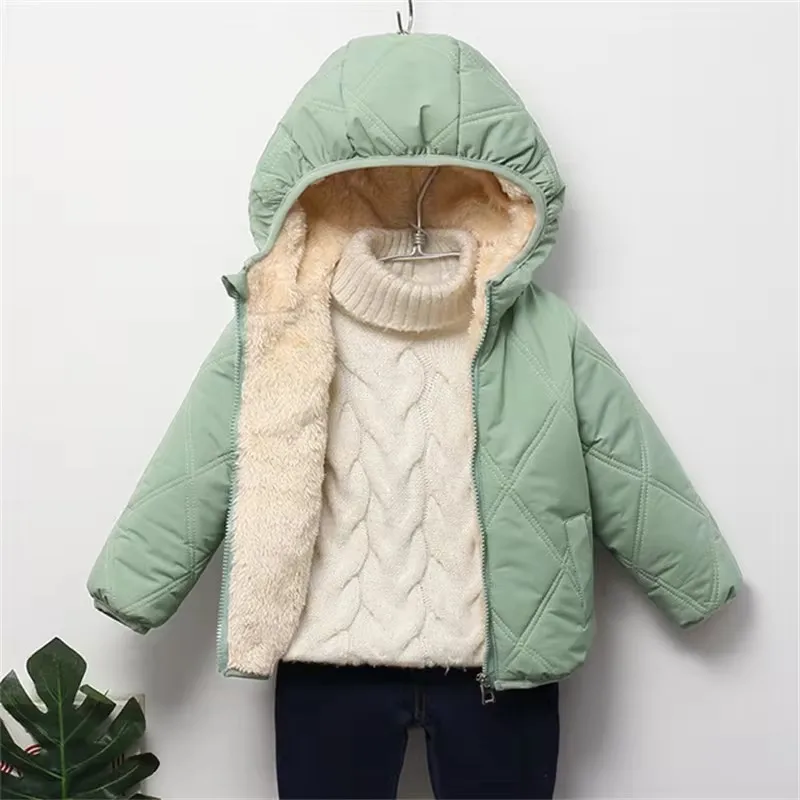 2024 Boys Padded Light Cotton Jacket Children Warm Short Solid Colour Coat Autumn Winter Girls Cute Casual Hooded Clothes 2-6Y