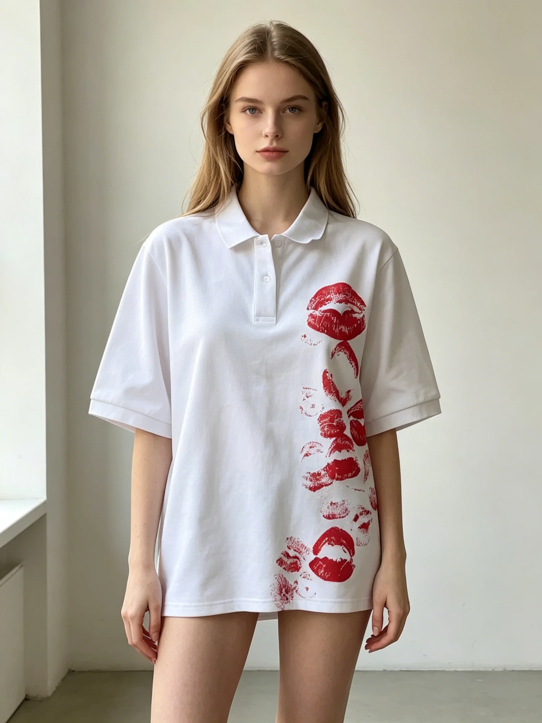 New Popular Women's Polo Shirts, Lip Print Printed Polo Shirts