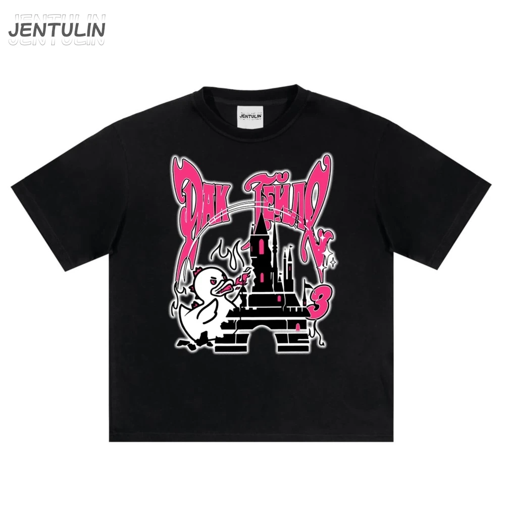 Harajuku Oversized Men's Clothing Korean Hip Hop Goth Cartoon Graphic Print Y2k Tops Cotton Streetwear Short Sleeve Tees T-Shirt