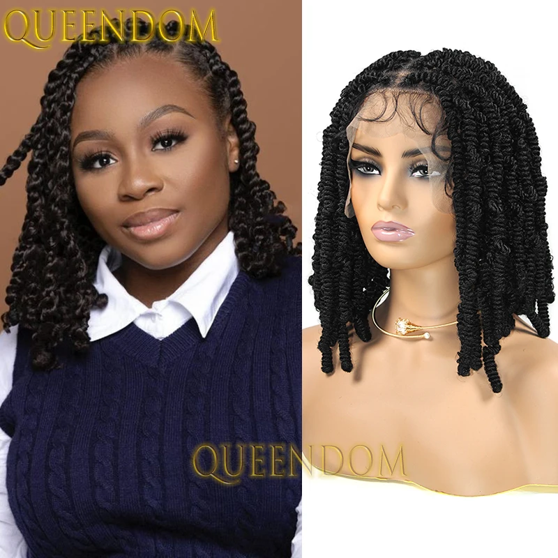 12 Inch Natural Spiral Curls Short Bob Wig Knotless Full Lace Box Braided Wig Synthetic Bouncy Spring Twist Braids Dreadlock Wig