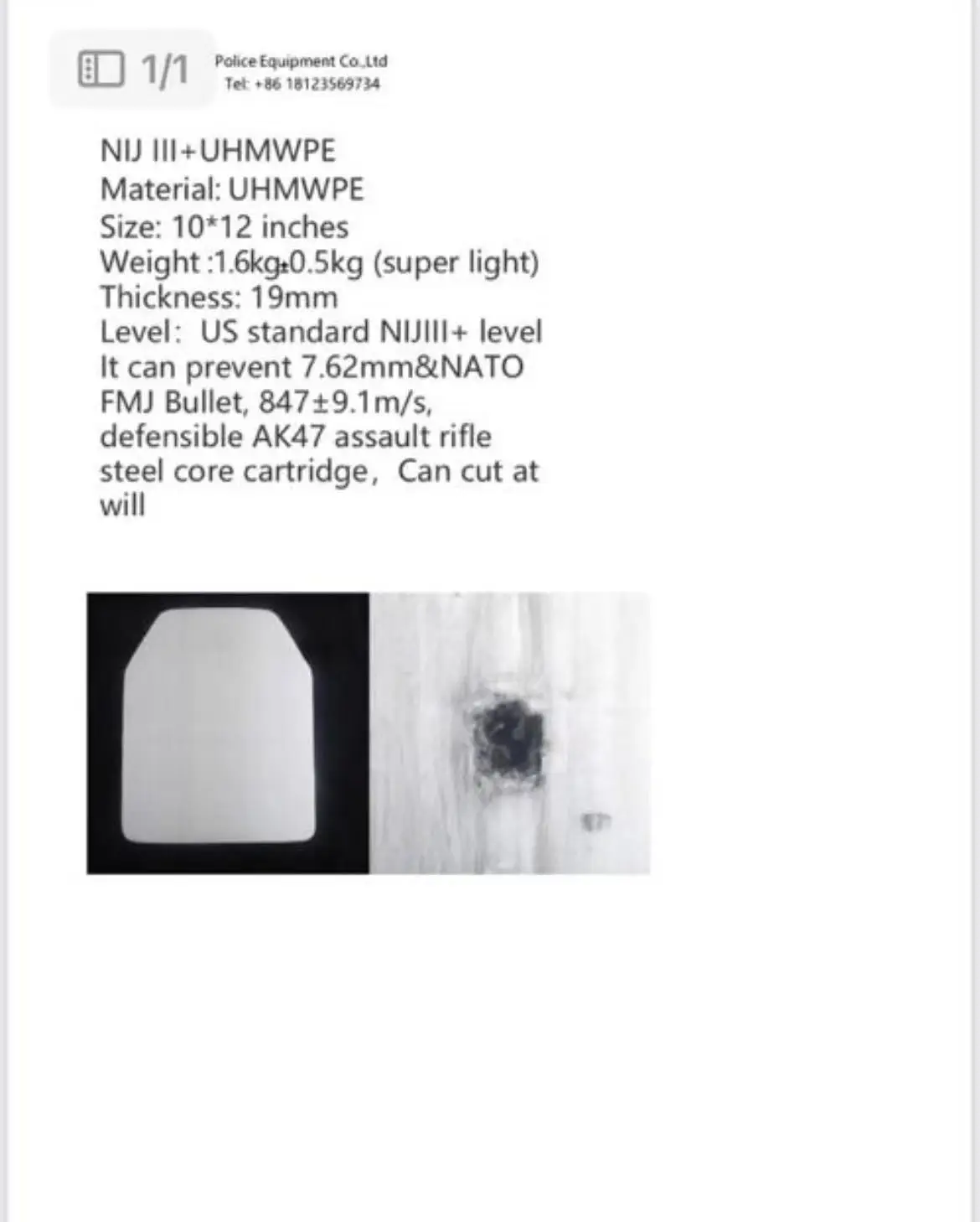 EUA leve 10X12 polegadas NIJ Anti AK47 customNIJ III + Stand Alone Pure PE 5.62 e 7.62mm placa balística à prova de balas